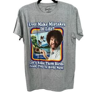 Bob Ross Graphic Tee Medium 70s Retro Make Mistakes They're Birds Slogan Gray